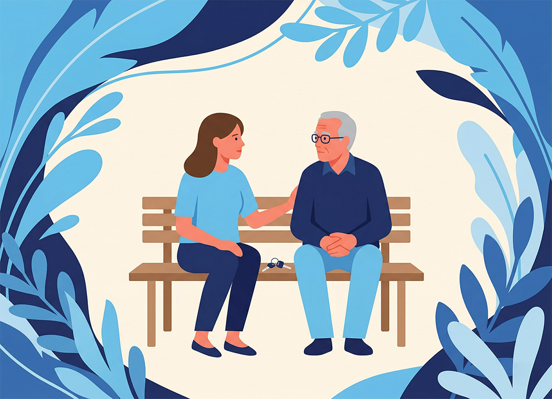 Illustration of a young woman sitting on a bench next to an elderly man with glasses, gently touching his arm, surrounded by blue leafy patterns, suggesting support and care.
