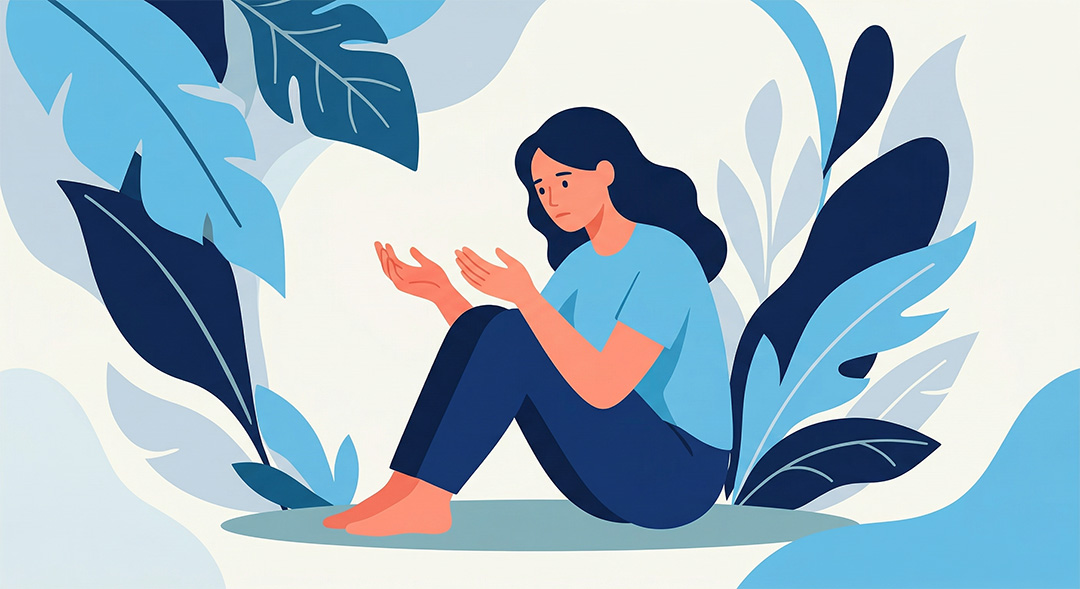 A woman with long dark hair sits on the ground, barefoot, looking down at her open hands with a sad expression. She is surrounded by large blue and teal leaves.