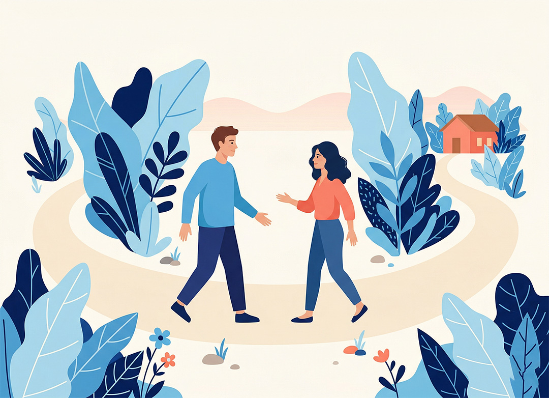 An illustration of a man and woman walking toward each other on a curved path surrounded by large blue and green plants, with a small house in the background. Both are smiling and appear to be greeting each other.