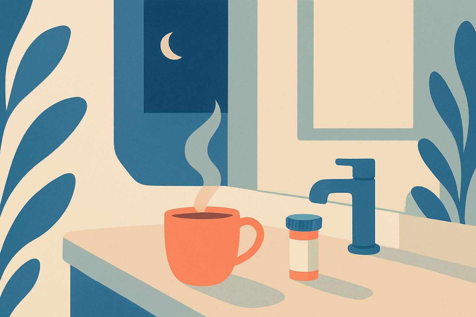 A steaming mug and a pill bottle sit on a bathroom counter near a sink, with a crescent moon visible through the window. Stylized plants frame the scene, and soft colors suggest a calm nighttime setting.