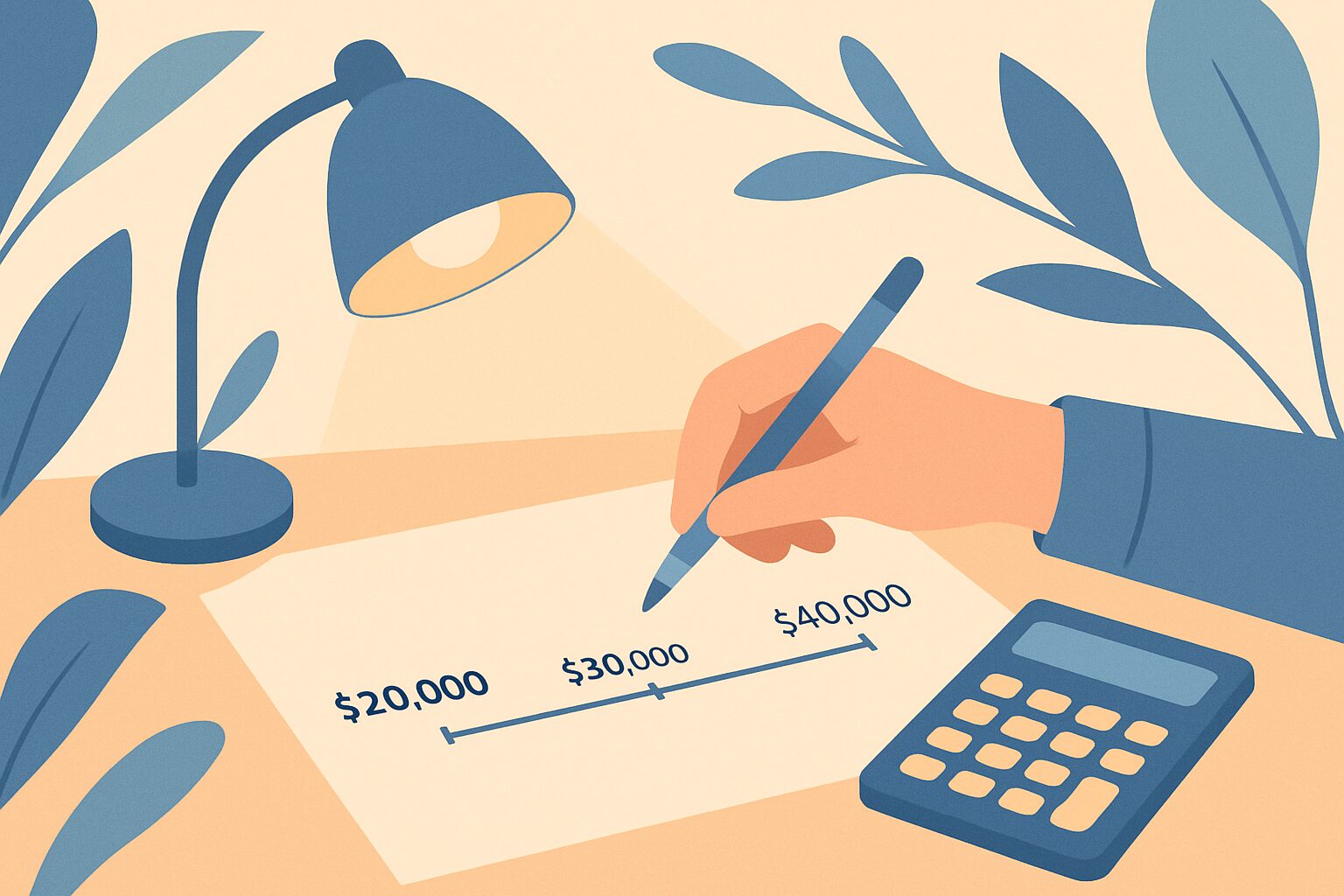 An illustrated hand writes on a paper showing a range from $20,000 to $40,000, with $30,000 marked in the middle. A calculator and a lit desk lamp are on the table, surrounded by blue leafy branches.