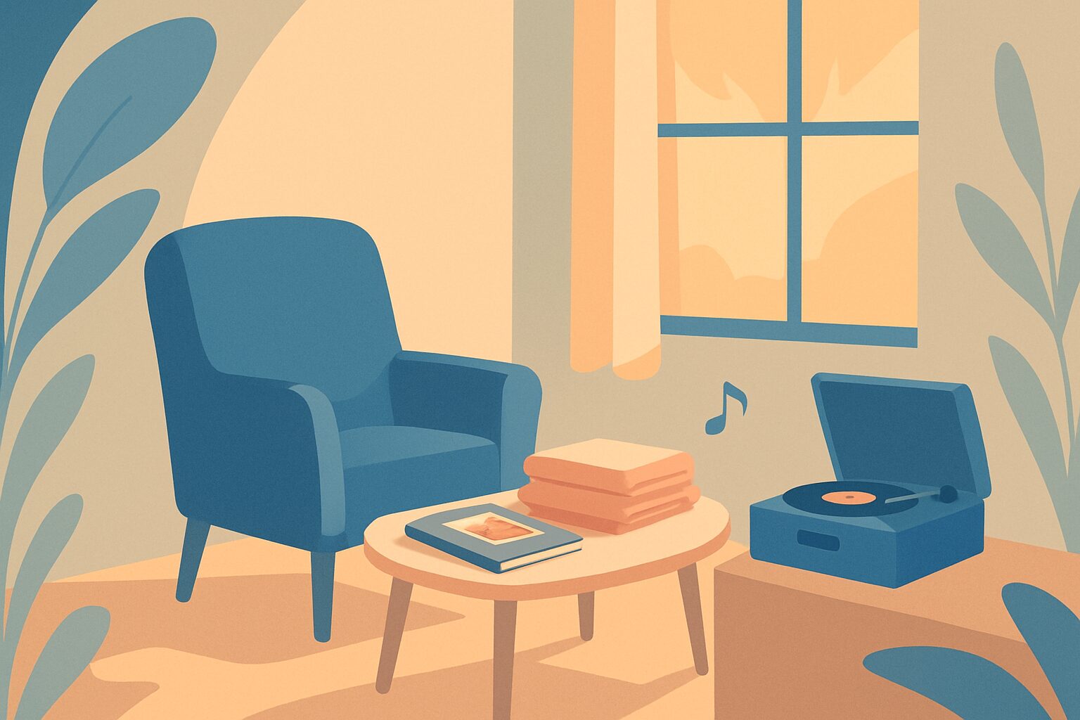 Illustration of a cozy room with an armchair, books, a record player, and sunlight streaming through a window.