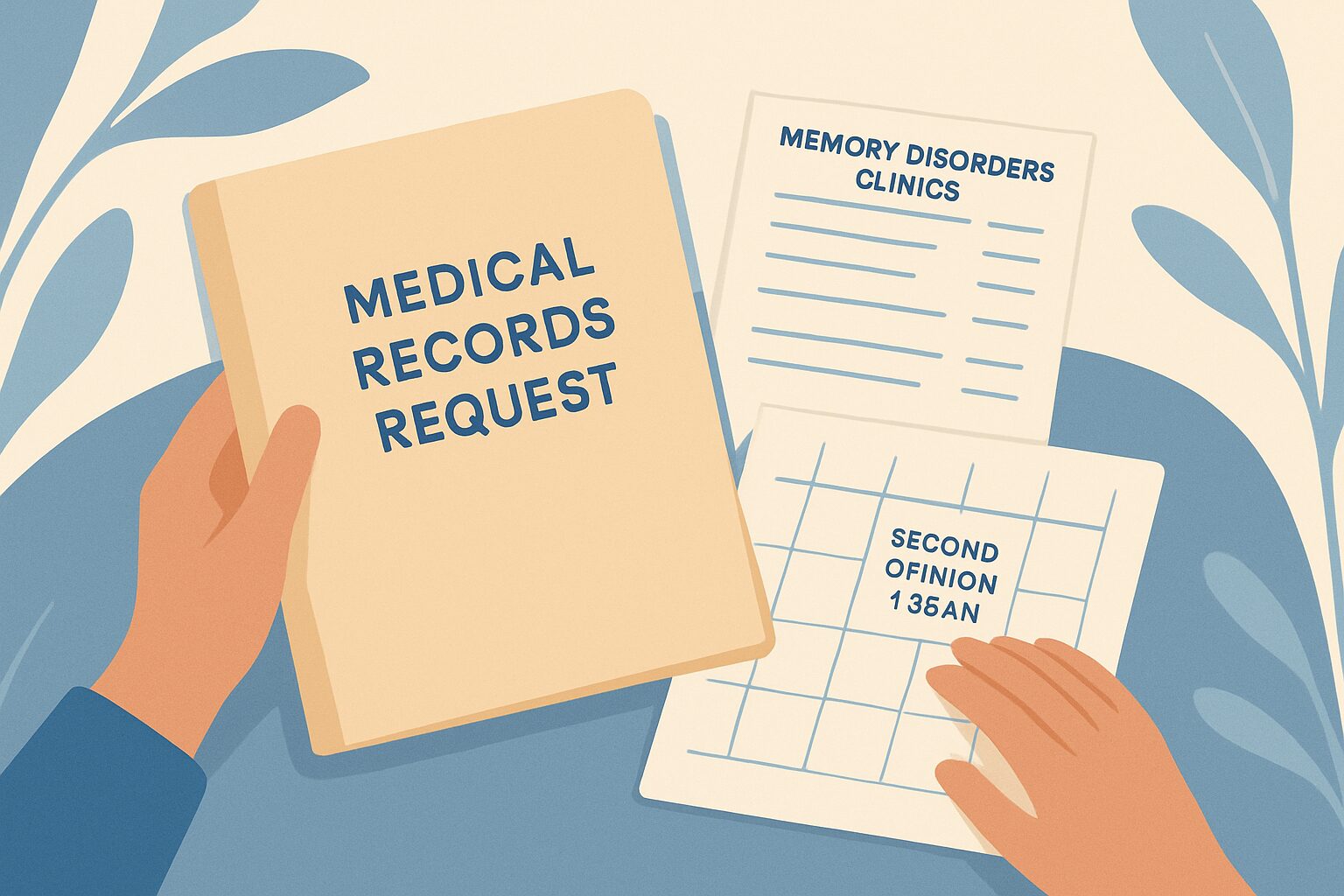 Hands holding a folder labeled Medical Records Request and papers about memory clinics and a second opinion.