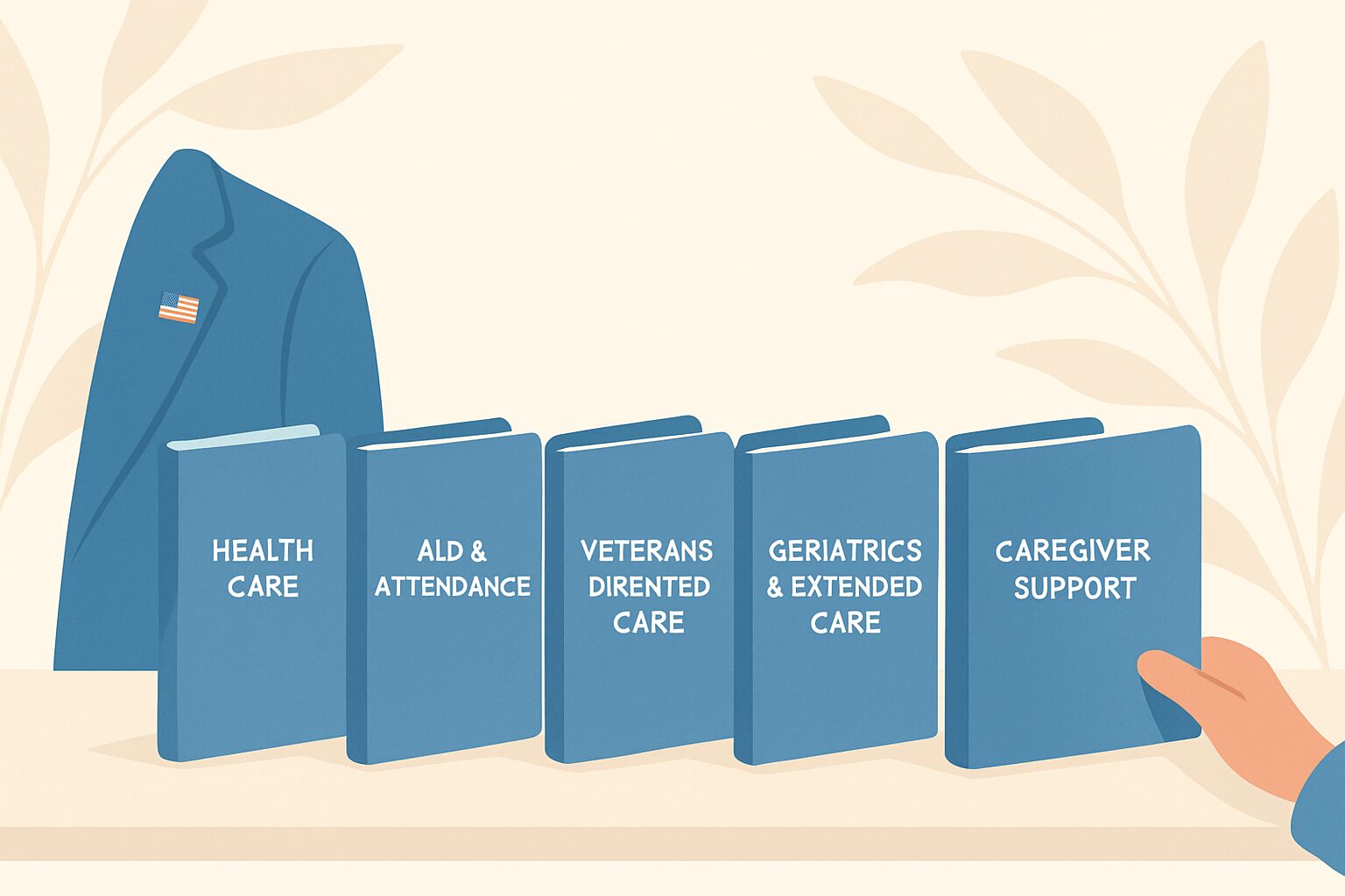 Illustration of five labeled books on veteran care topics, with a suit jacket and a hand reaching for one book.