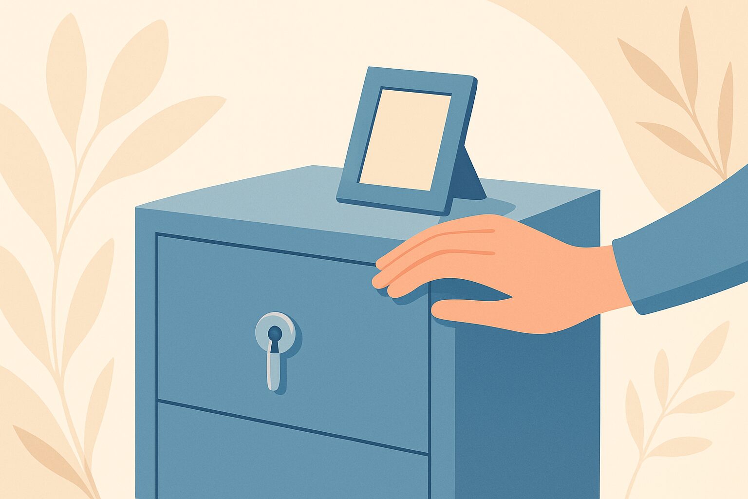 Hand reaching for a locked blue drawer with a small picture frame on top, set against a leafy background.