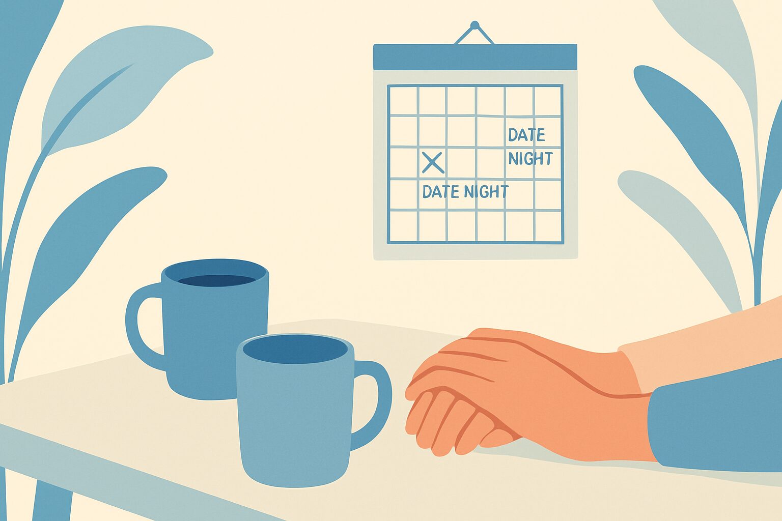 Two hands are held on a table with two mugs nearby and a calendar showing a date night is planned.