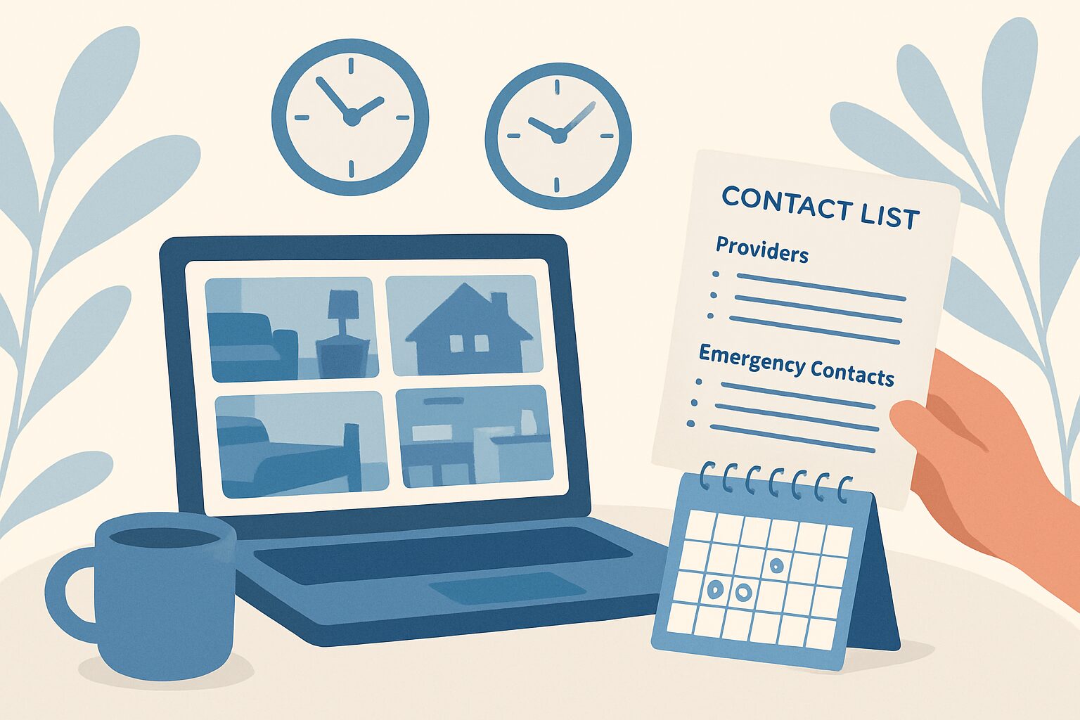 A hand holds a contact list near a laptop, calendar, and clocks, with a coffee mug on the desk.