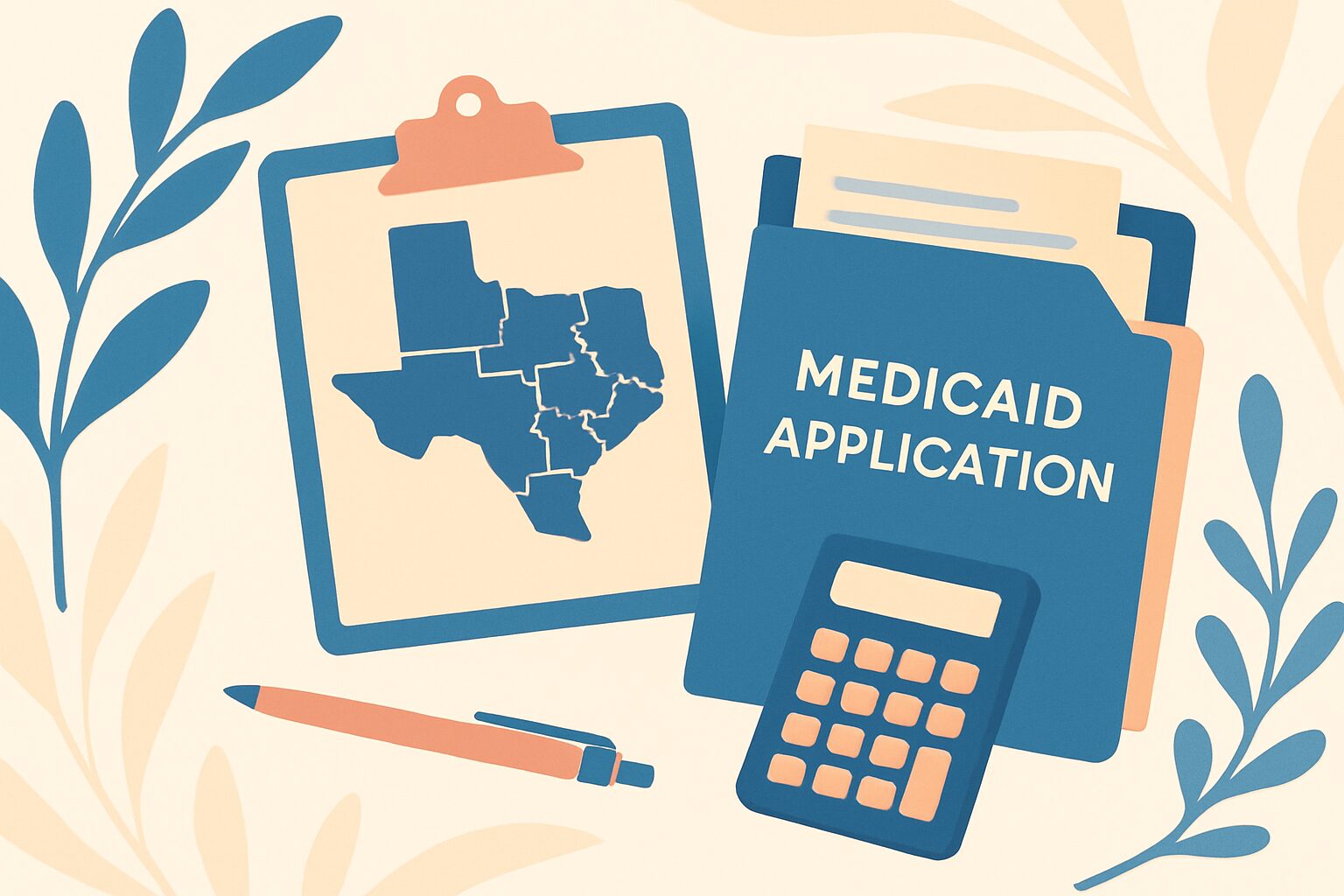 Illustration of a Medicaid application folder, Texas map on clipboard, calculator, and pen with leaves in background.