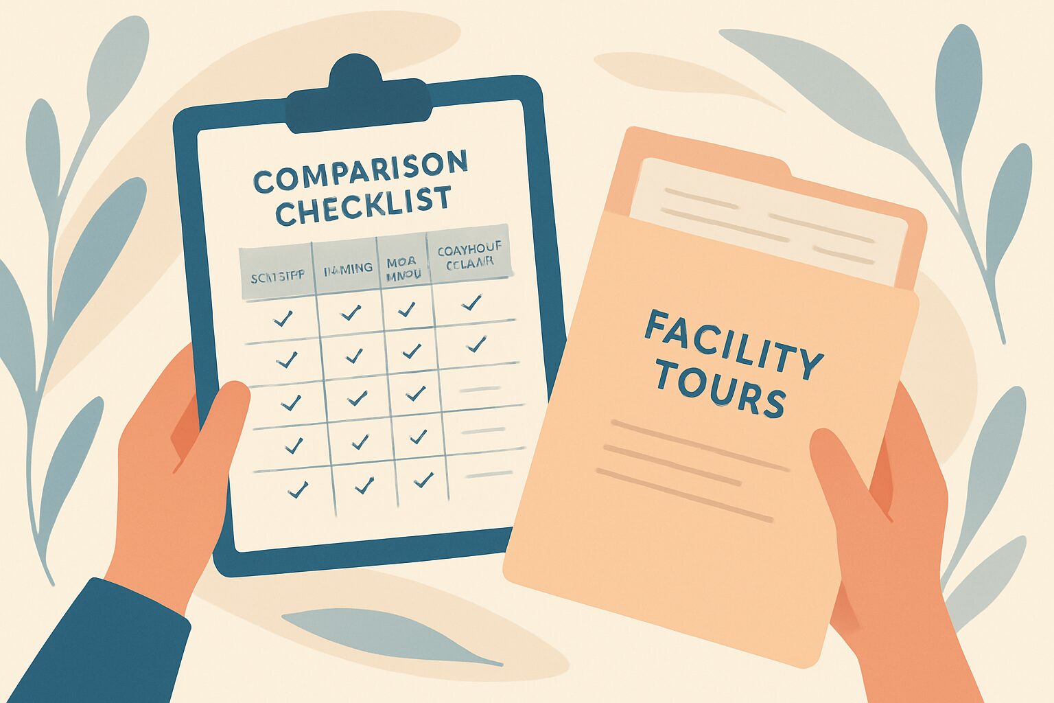 Illustration of hands holding a comparison checklist clipboard and a folder labeled Facility Tours.