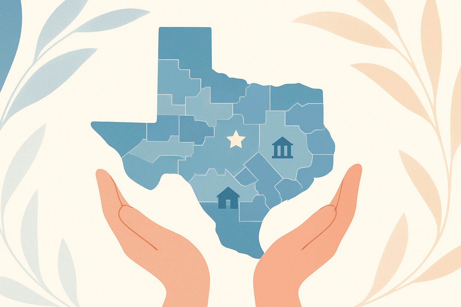 Two hands holding a blue map of Texas with icons of buildings and a star, surrounded by decorative branches.