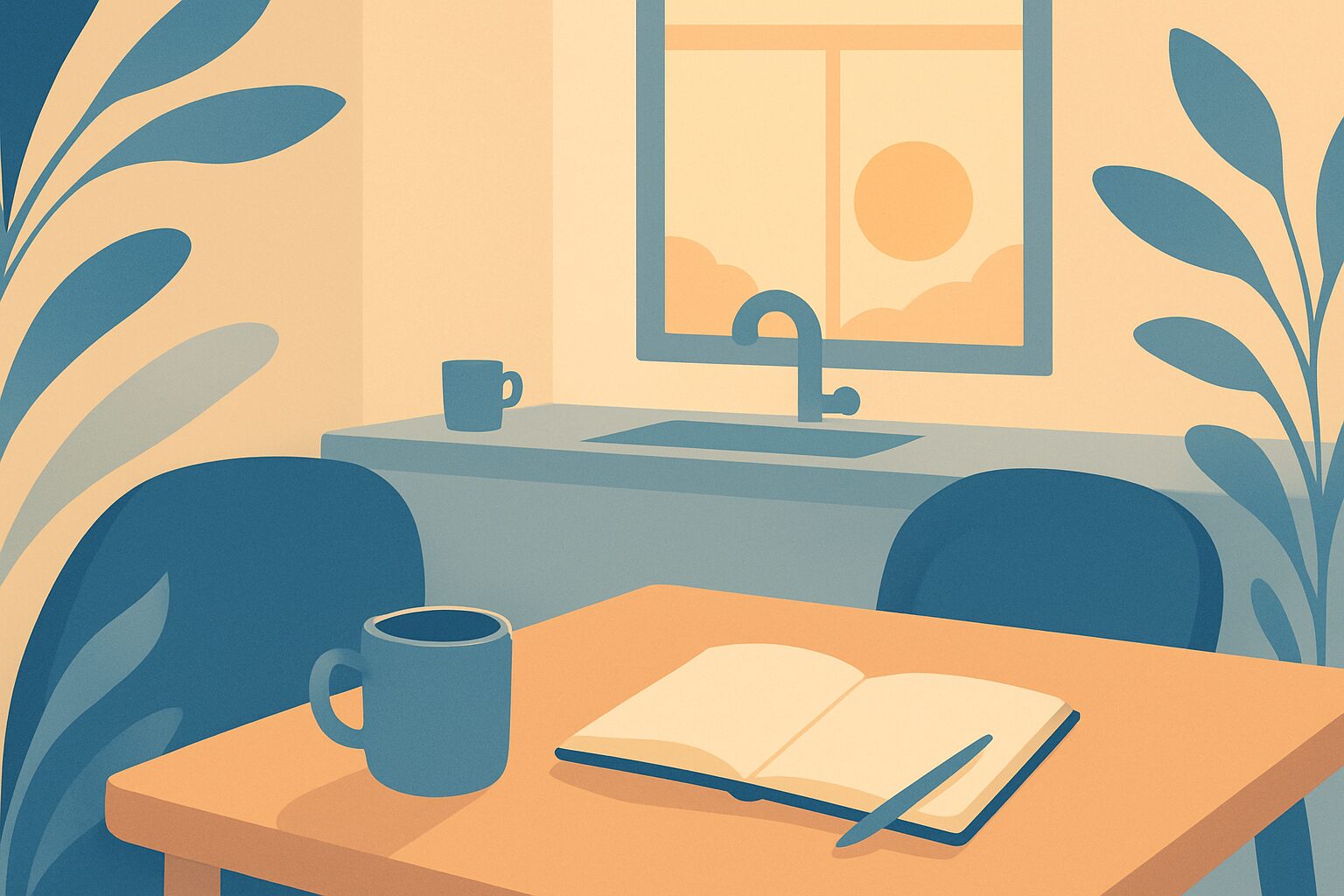 Illustration of an open notebook and mug on a table in a kitchen, with sunlight streaming through a window.
