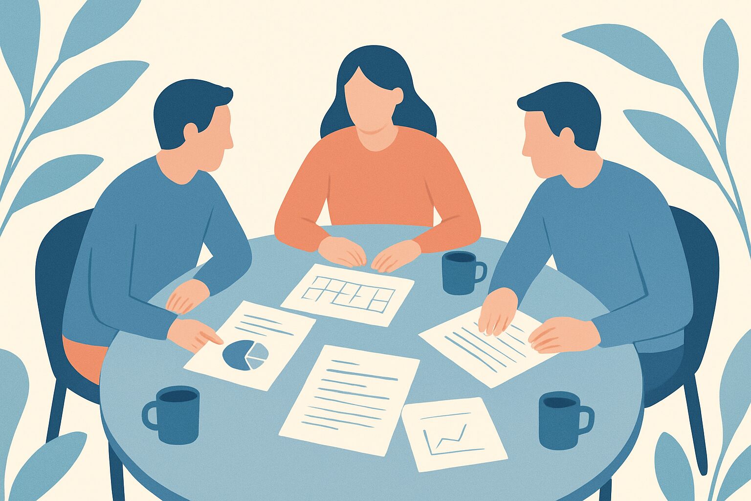 Three people sit at a round table discussing charts and graphs, with coffee mugs in front of them.