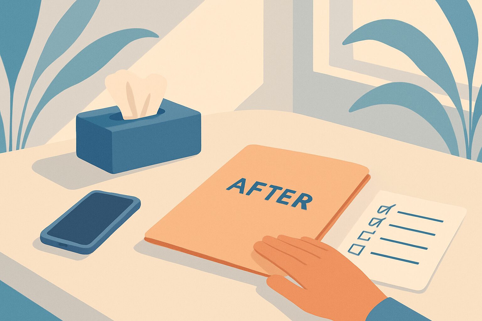 Illustration of a hand on a folder labeled AFTER beside a phone, tissues, and a checklist on a desk.