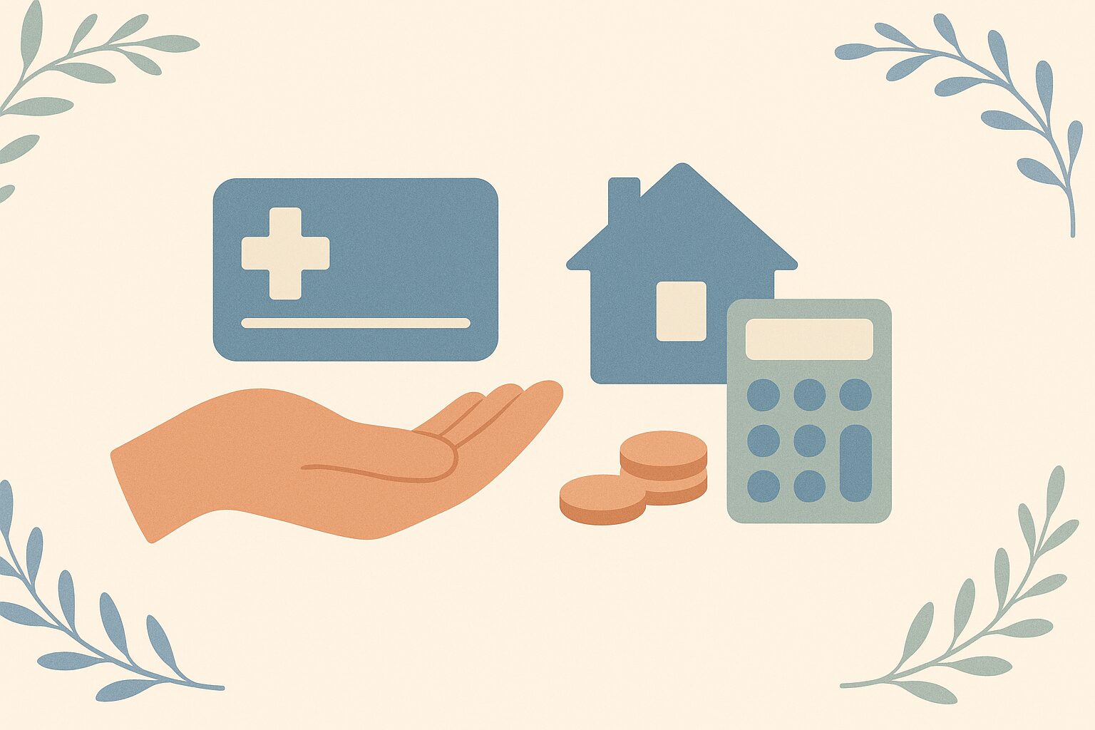 Flat illustration of a hand holding a health insurance card beside a house, calculator and coins, showing what Medicare pays toward memory care.