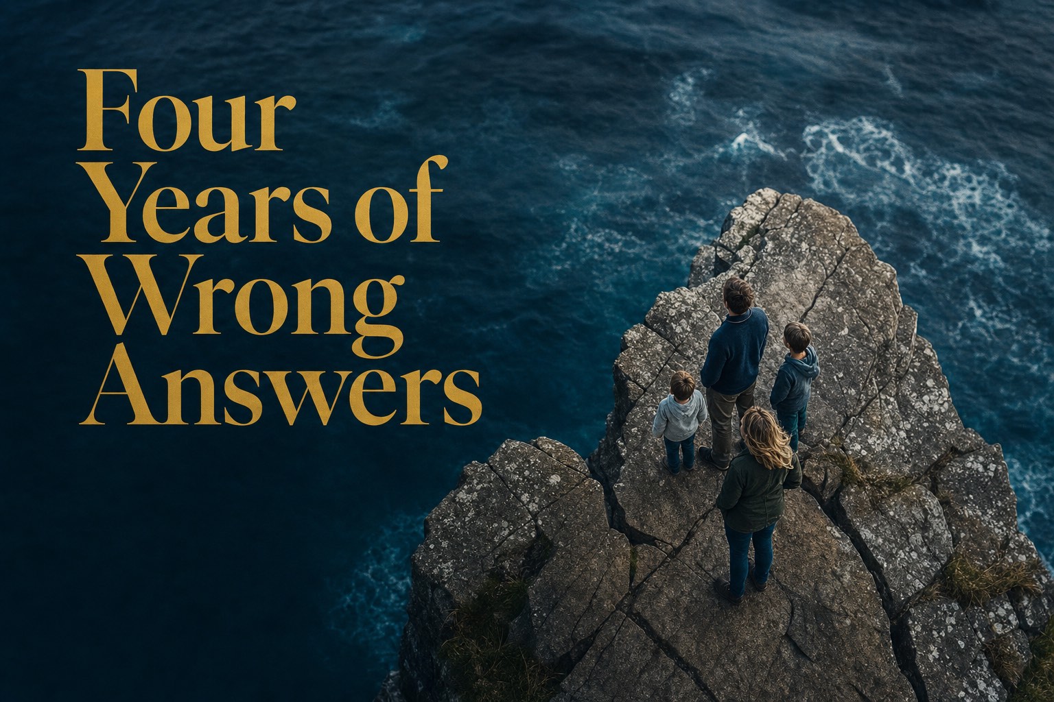 A family standing together on a cliff edge above the sea, with the headline "Four Years of Wrong Answers"