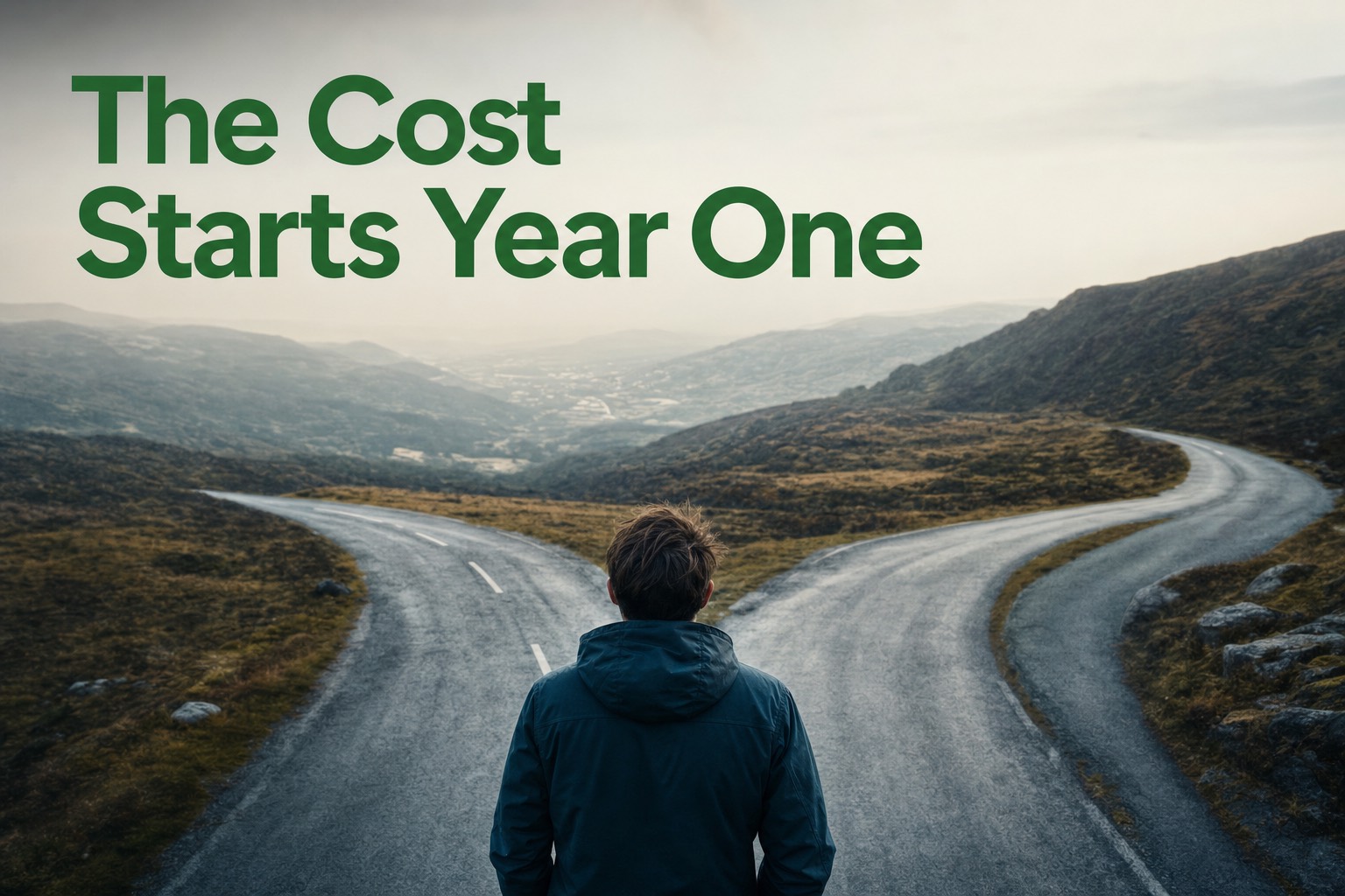 A person facing a fork in a road across open hills, with the headline "The Cost Starts Year One"
